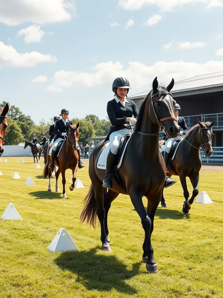 A group of riders and their horses participating in a dressage clinic at CONCOURS HIPPIQUE LA ROCHEFOUCAULD, demonstrating the elegance and precision of dressage.