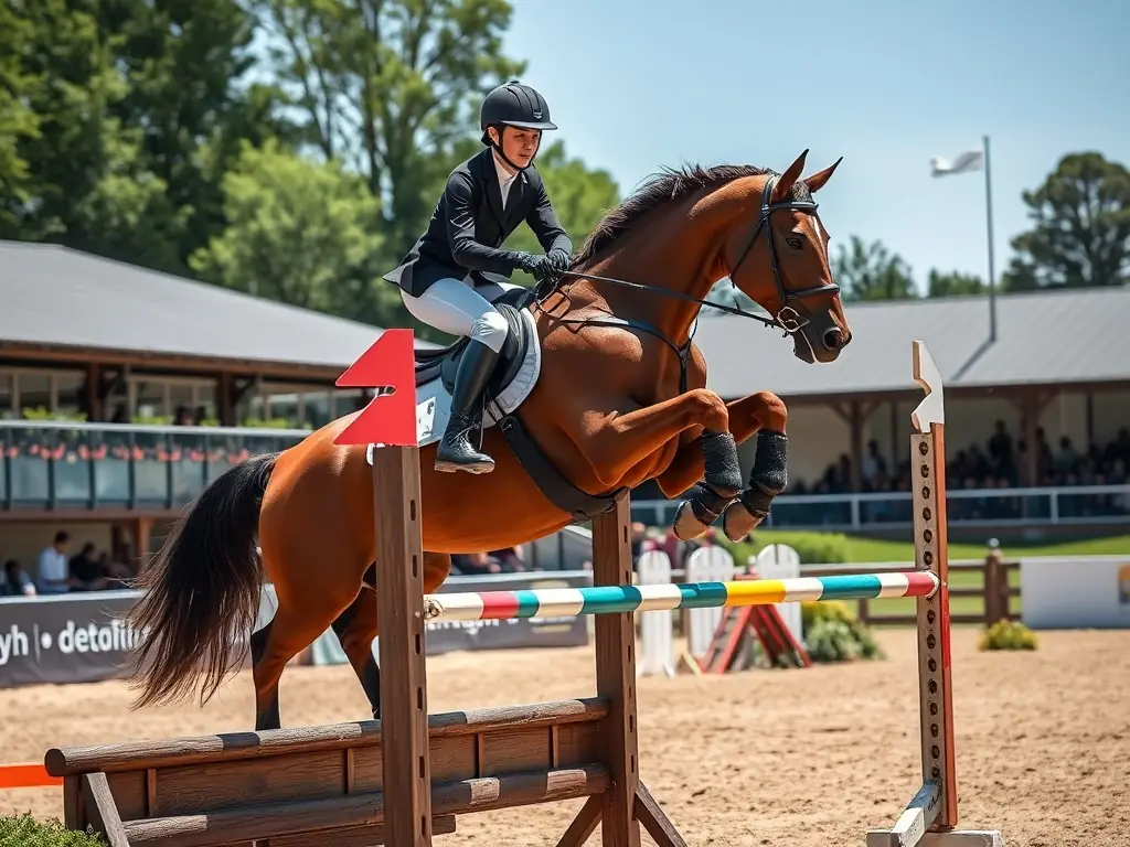 A dynamic action shot of a horse and rider clearing a jump during a CONCOURS HIPPIQUE LA ROCHEFOUCAULD competition, showcasing the intensity and skill involved in show jumping.