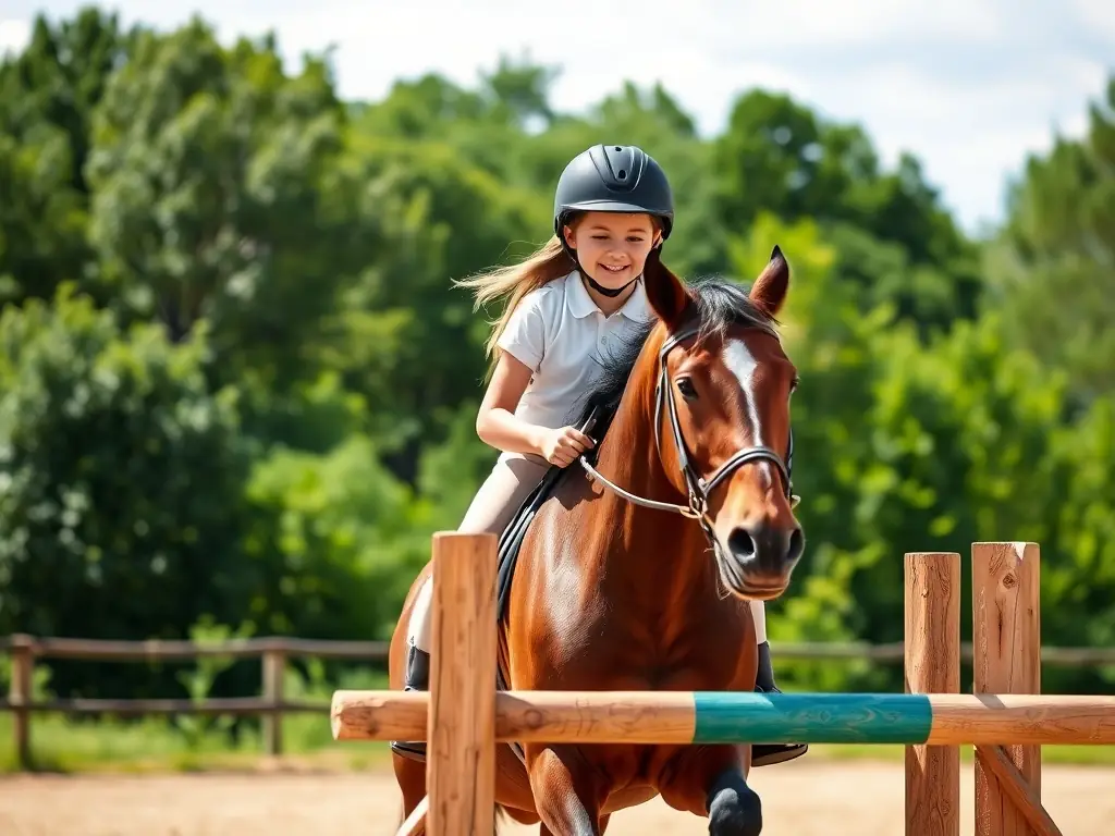 A young rider confidently guiding a horse over a small jump during a beginner's lesson at CONCOURS HIPPIQUE LA ROCHEFOUCAULD, showcasing the supportive environment.