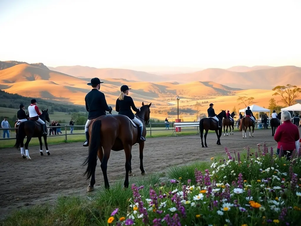 A panoramic image of a CONCOURS HIPPIQUE LA ROCHEFOUCAULD event, showcasing the beautiful venue and the diverse group of participants and spectators, highlighting the event's role in strengthening community bonds.