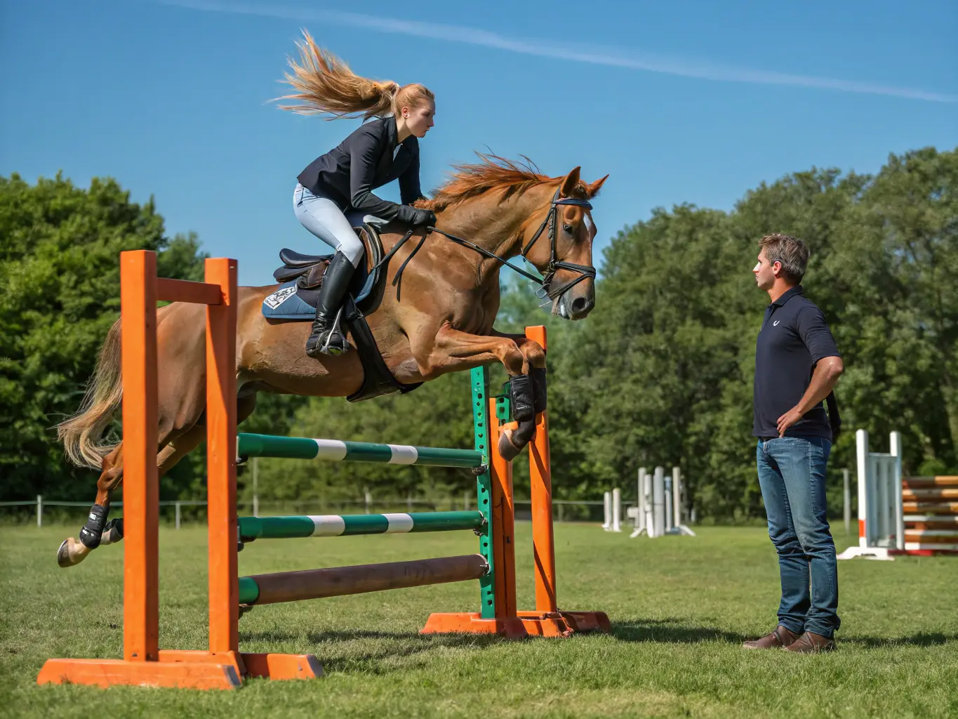 A young rider confidently guiding their horse over a small jump during a beginner's lesson at CONCOURS HIPPIQUE LA ROCHEFOUCAULD, showcasing the supportive environment.
