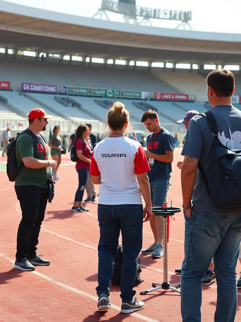 Volunteers assisting with the setup and management of a show jumping competition at CONCOURS HIPPIQUE LA ROCHEFOUCAULD, highlighting the community involvement.