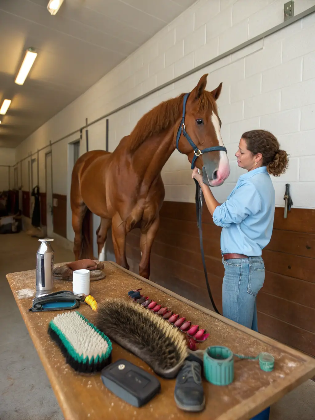 A close-up shot of a horse being groomed and cared for at CONCOURS HIPPIQUE LA ROCHEFOUCAULD, emphasizing the importance of horse welfare and care in our programs.