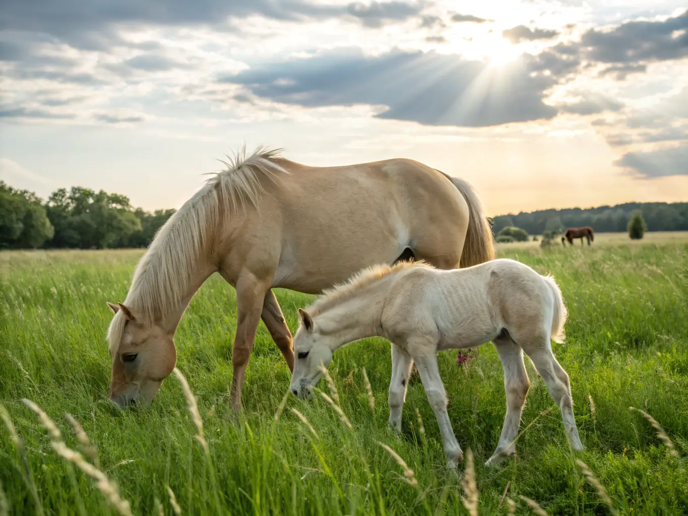 A scenic view of horses grazing peacefully in a pasture at CONCOURS HIPPIQUE LA ROCHEFOUCAULD, highlighting the organization's commitment to providing a safe and nurturing environment for the animals.