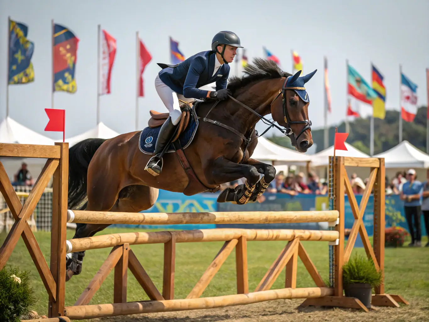 A vibrant image capturing the excitement of a show jumping competition at CONCOURS HIPPIQUE LA ROCHEFOUCAULD, with young riders participating and spectators cheering in the background, showcasing the event's lively atmosphere and community spirit.