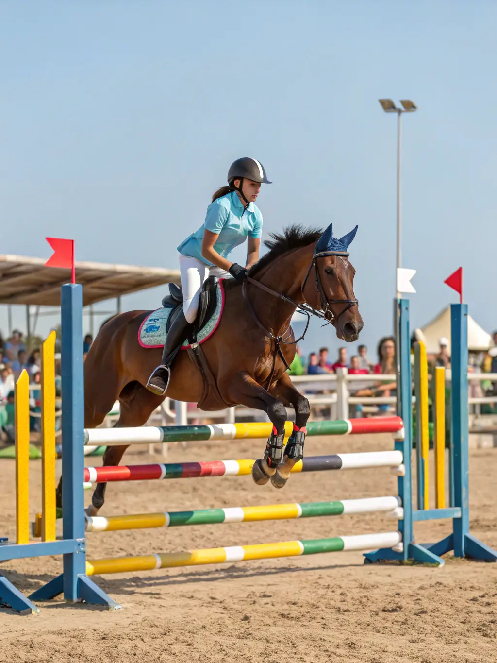 A young rider competing in a show jumping event at CONCOURS HIPPIQUE LA ROCHEFOUCAULD, showcasing the skill and precision required in equestrian sports.