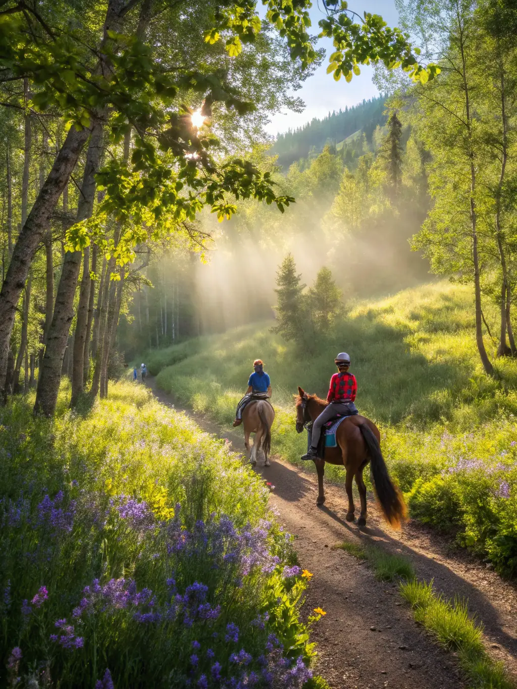 A scenic view of riders enjoying a leisurely trail ride through the countryside surrounding CONCOURS HIPPIQUE LA ROCHEFOUCAULD, highlighting the recreational aspect of equestrian activities.